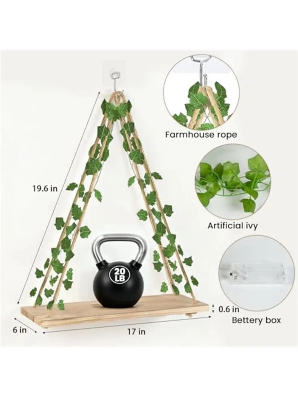 Macrame Floating Shelves for Wall No Drilling,Boho Hanging Shelf with Artificial